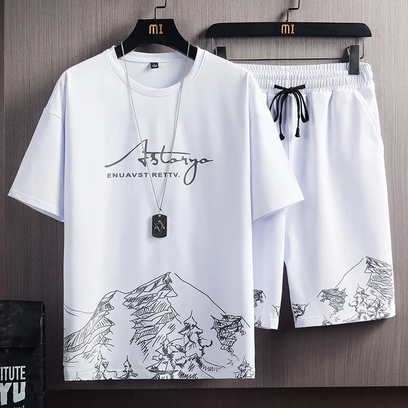 EAEOVNI Men'S T-Shirt + Shorts Set Summer Breathable Casual T Shirt Running Set 2021 Fashion Harajuku Printed Male Sport Suit