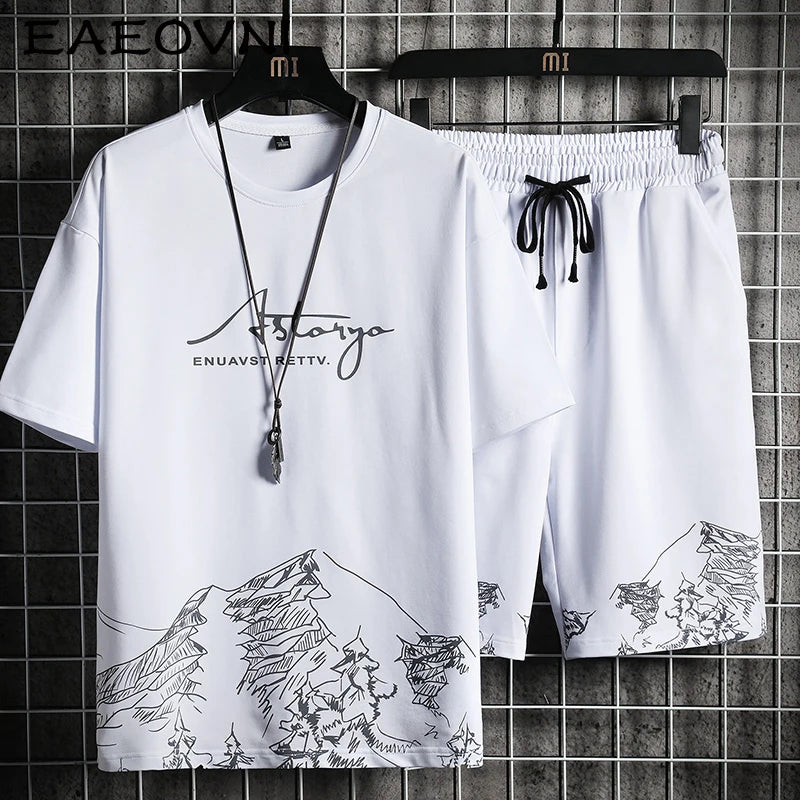 EAEOVNI Men'S T-Shirt + Shorts Set Summer Breathable Casual T Shirt Running Set 2021 Fashion Harajuku Printed Male Sport Suit