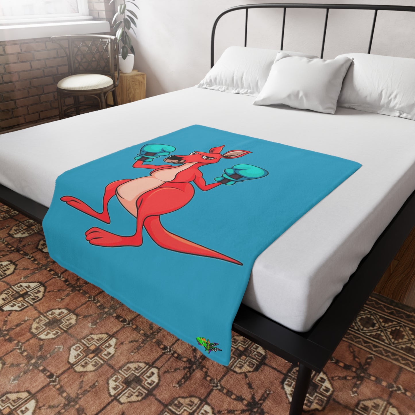 Fleece Blanket Boxing Kangaroo - Hand Drawn by Ozi Junior - Turquoise