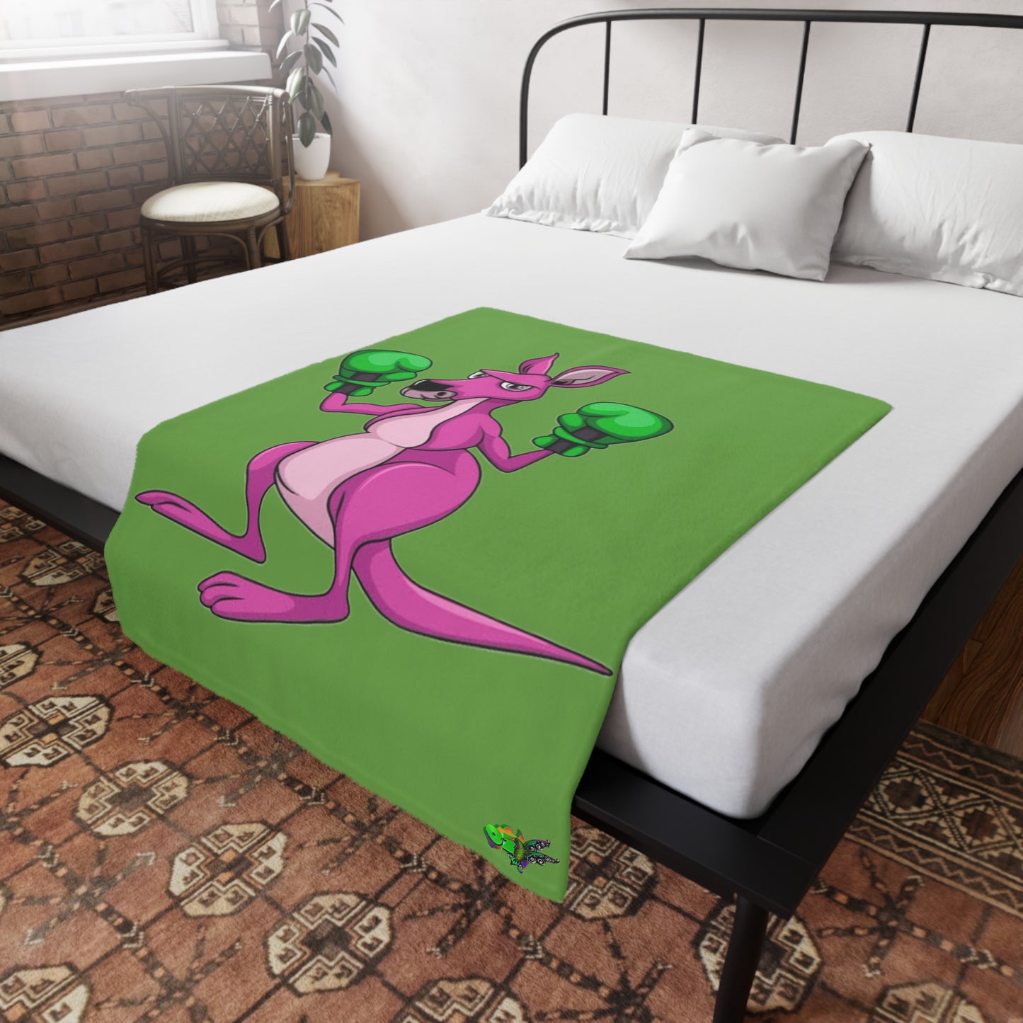 Fleece Blanket Boxing Kangaroo - Hand Drawn by Ozi Junior - Green