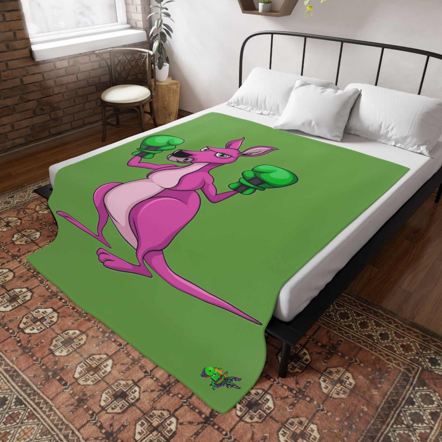 Fleece Blanket Boxing Kangaroo - Hand Drawn by Ozi Junior - Green