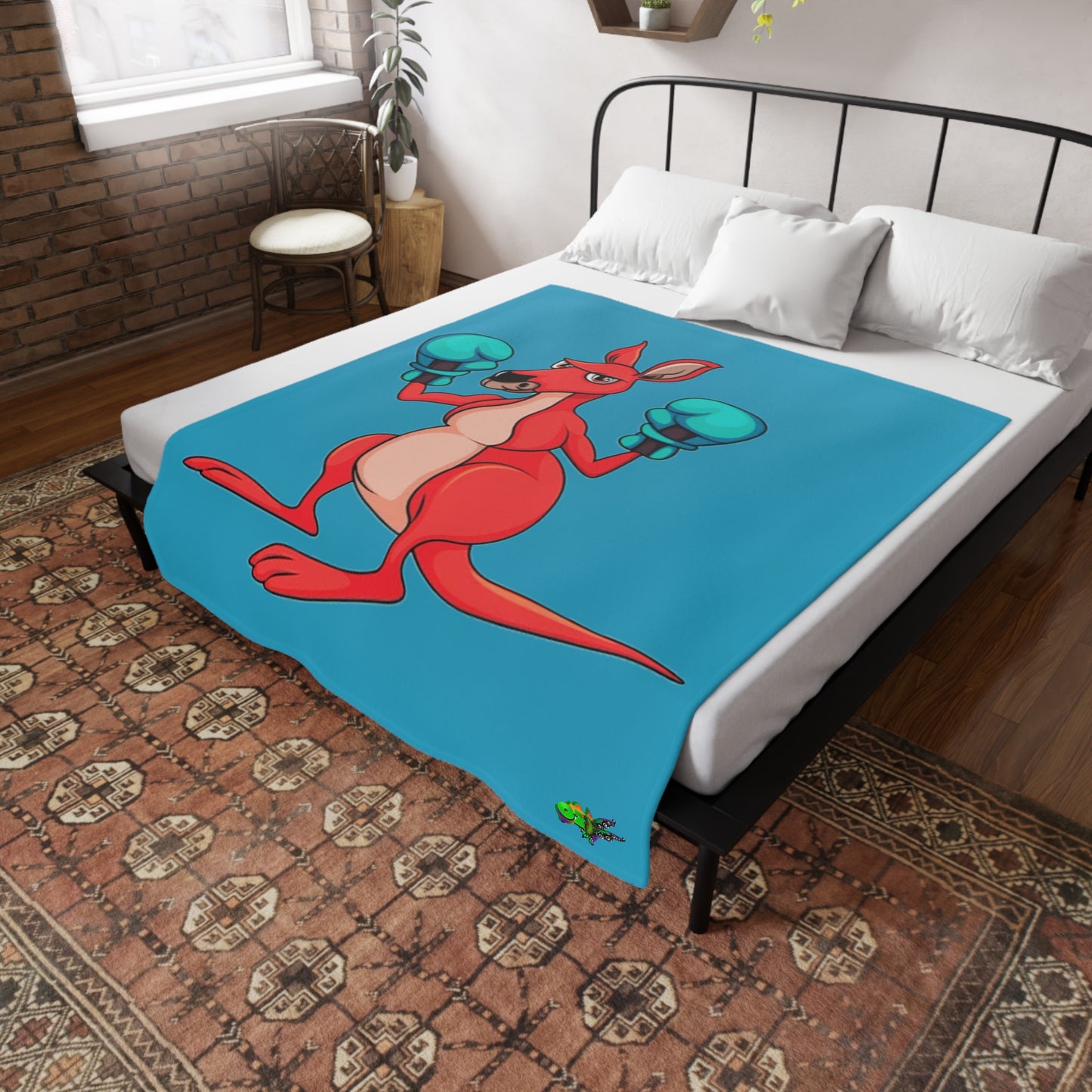 Fleece Blanket Boxing Kangaroo - Hand Drawn by Ozi Junior - Turquoise