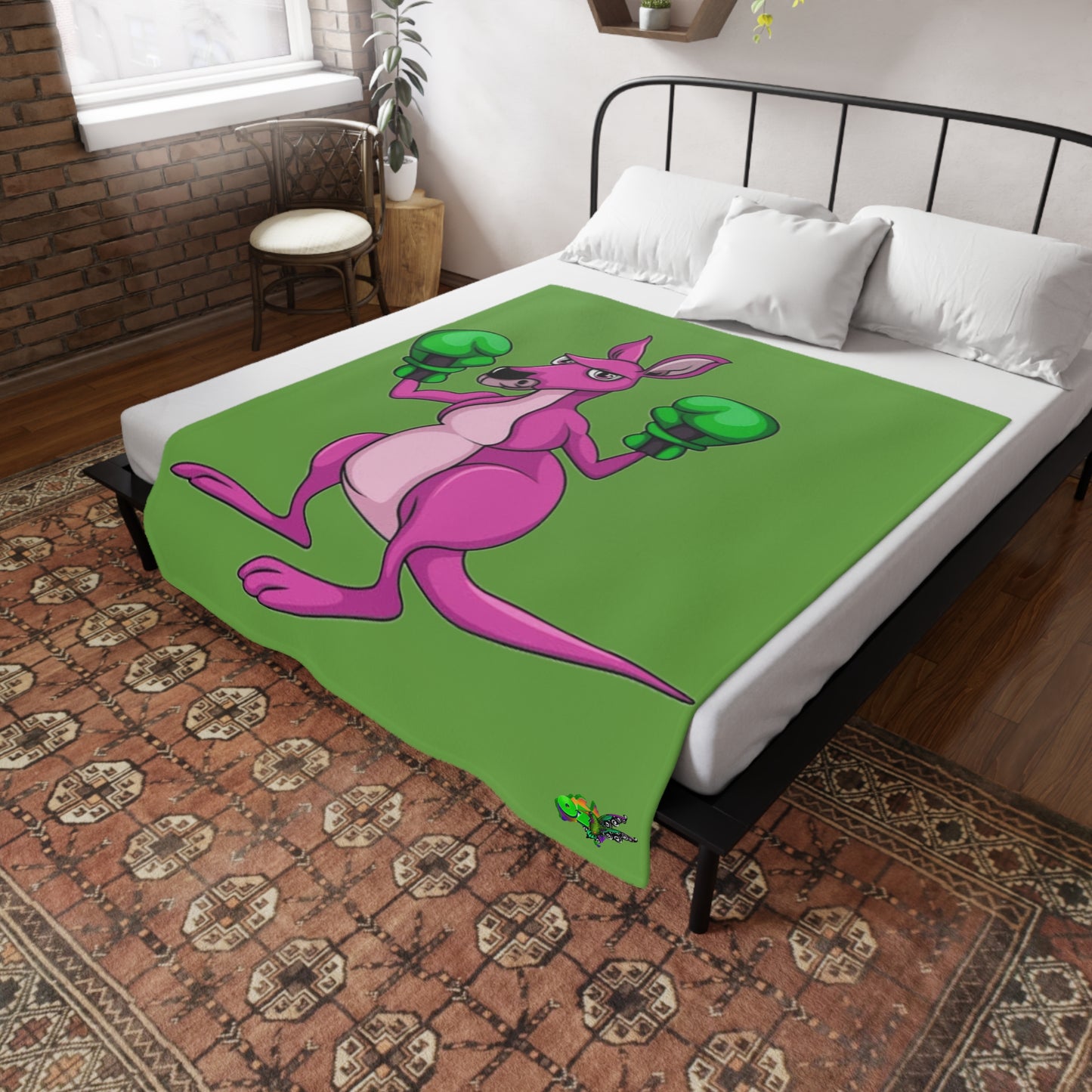 Fleece Blanket Boxing Kangaroo - Hand Drawn by Ozi Junior - Green