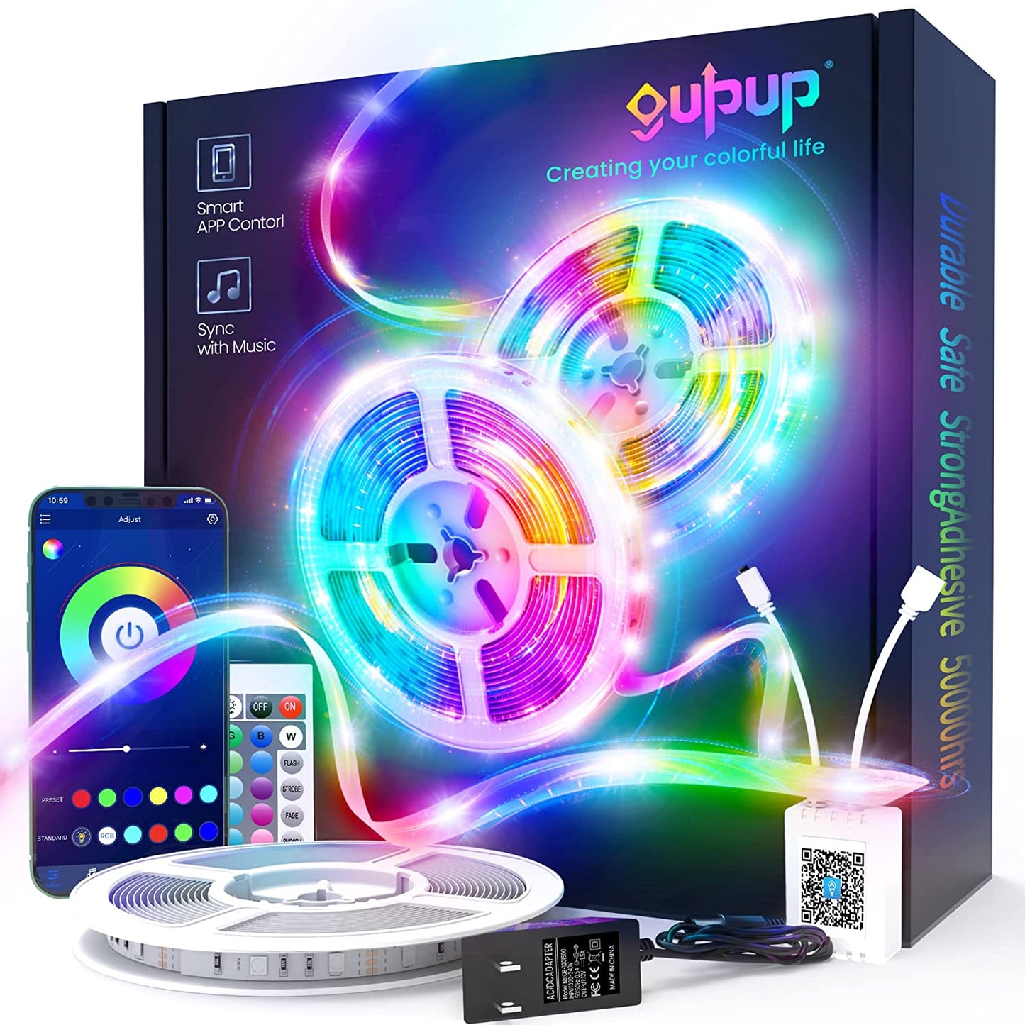 GUPUP 50 FT LED Strip Lights,Bluetooth LED Lights for Bedroom, Color Changing Light Strip with Music Sync, Phone Controller and IR Remote(App+Remote +Mic).