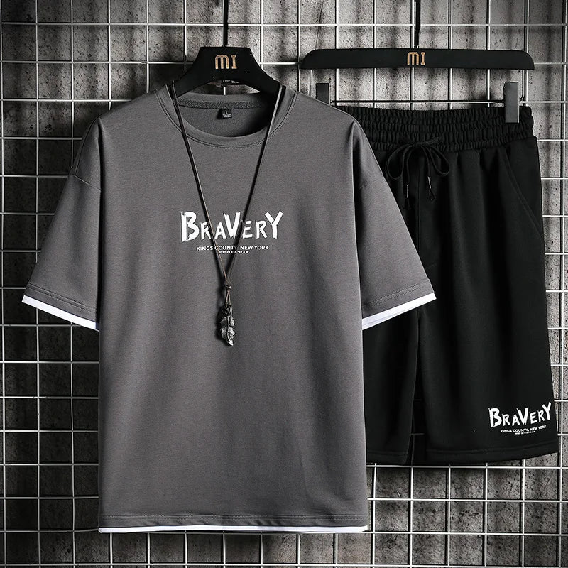 EAEOVNI Men'S T-Shirt + Shorts Set Summer Breathable Casual T Shirt Running Set 2021 Fashion Harajuku Printed Male Sport Suit