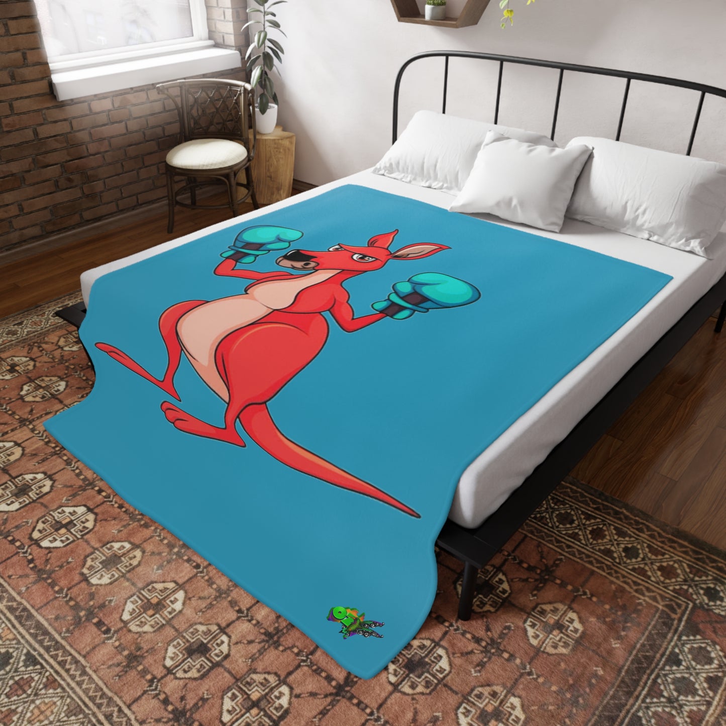 Fleece Blanket Boxing Kangaroo - Hand Drawn by Ozi Junior - Turquoise