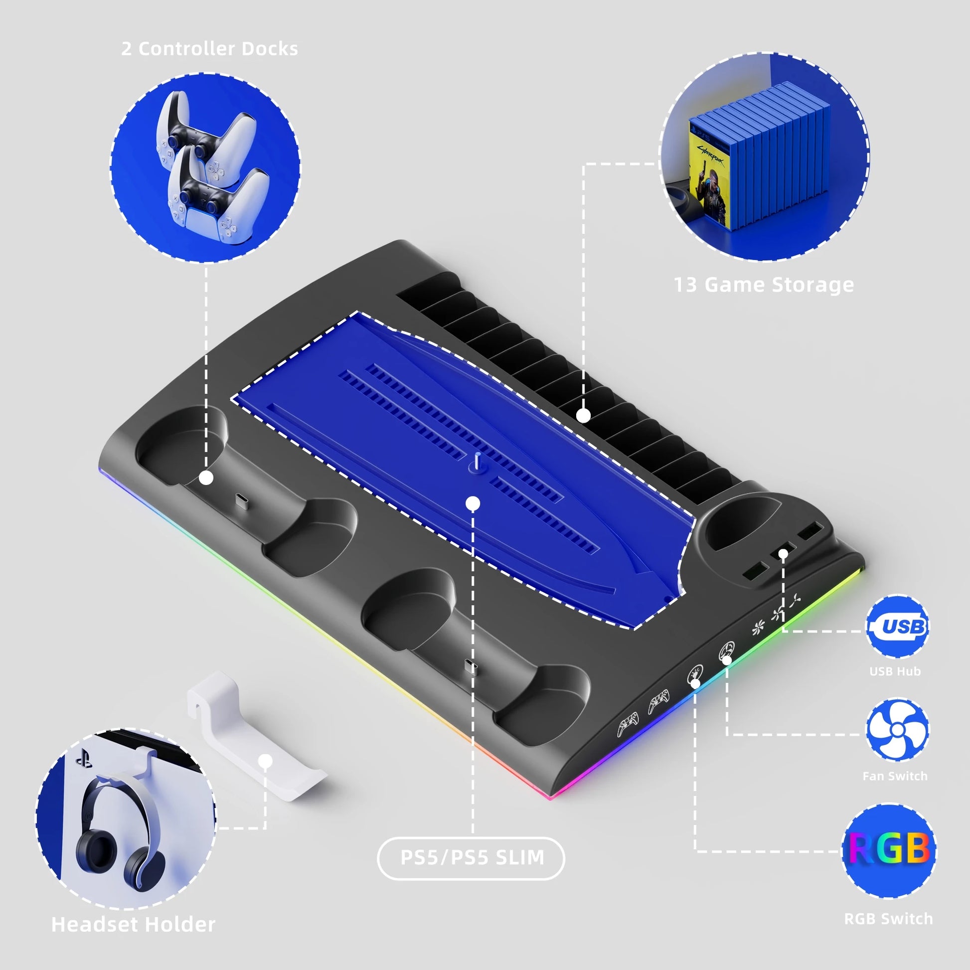 DOBE Charging Stand with Cooling Fan for PS5&PS5 Slim Console, Dual Controller Charger Station with 9 RGB Lights & Headset Hook