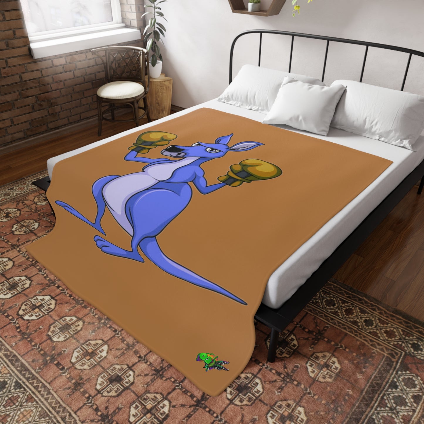 Fleece Blanket Boxing Kangaroo Hand Drawn by Ozi Junior - Brown