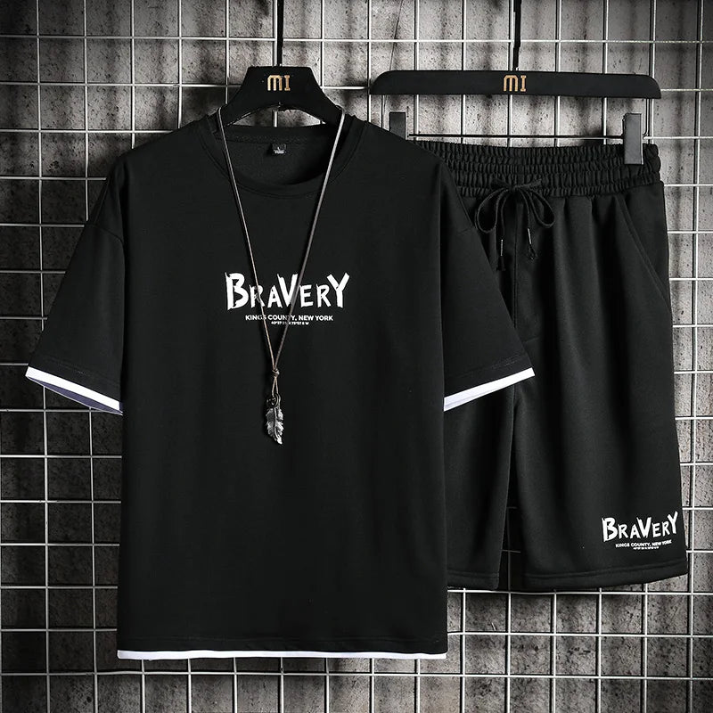 EAEOVNI Men'S T-Shirt + Shorts Set Summer Breathable Casual T Shirt Running Set 2021 Fashion Harajuku Printed Male Sport Suit