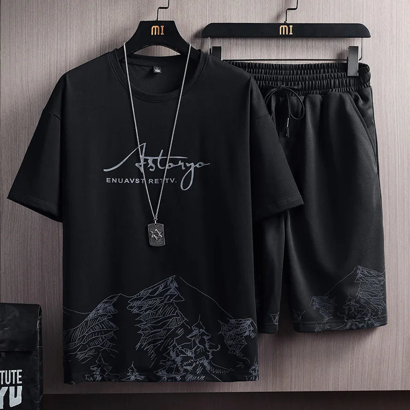 EAEOVNI Men'S T-Shirt + Shorts Set Summer Breathable Casual T Shirt Running Set 2021 Fashion Harajuku Printed Male Sport Suit
